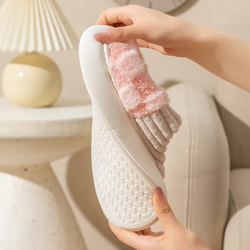 Rosa Plüsch-Hausschuhe, rutschfeste Sohle, Damen, gemütlich, warm, Wintermode.