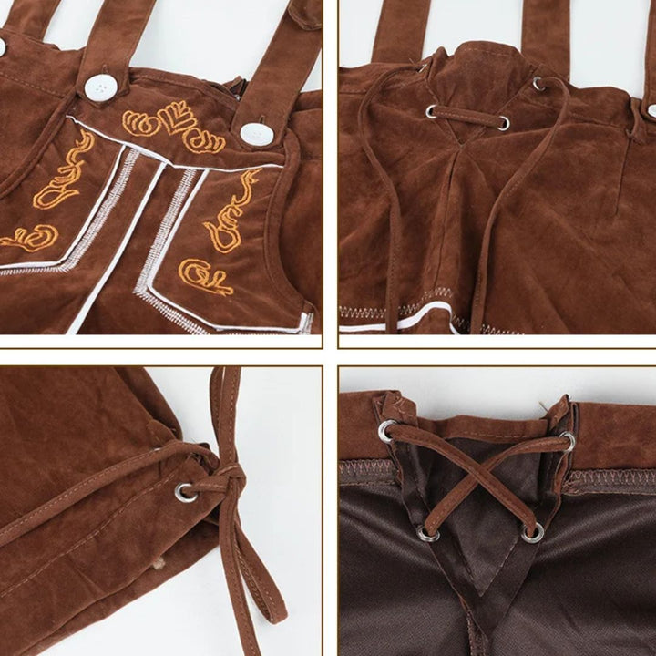 Braune Lederhose mit Stickerei, Trachtenmode, traditionelle bayerische Kleidung, Detailansicht.