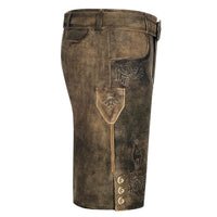 Braune Lederhose Herren, traditionell, bestickt, Trachtenmode, Oktoberfest, Knöpfe, seitlich.