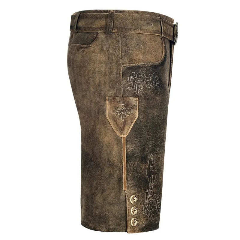Braune Lederhose Herren, traditionell, bestickt, Trachtenmode, Oktoberfest, Knöpfe, seitlich.