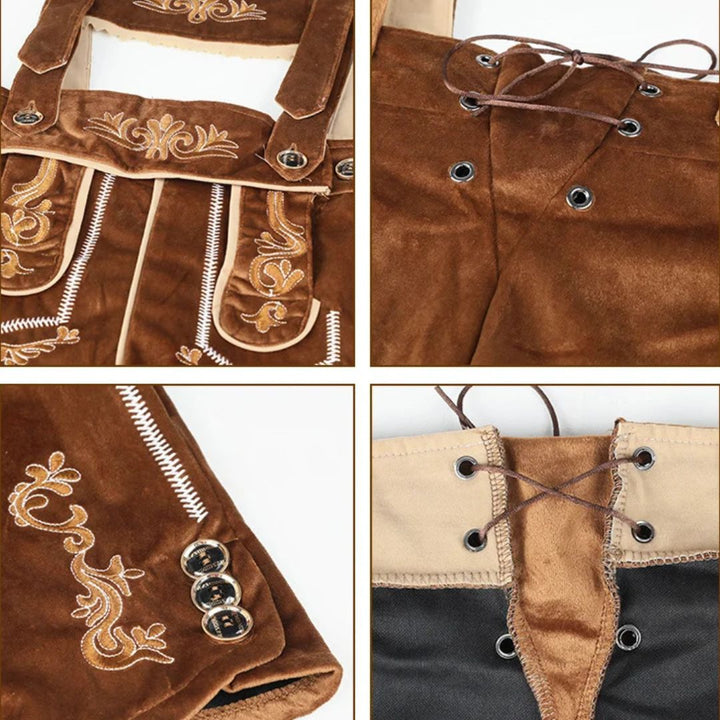 Braune Lederhose mit Stickerei, Trachtenmode, traditionelle bayerische Kleidung, Detailansicht.