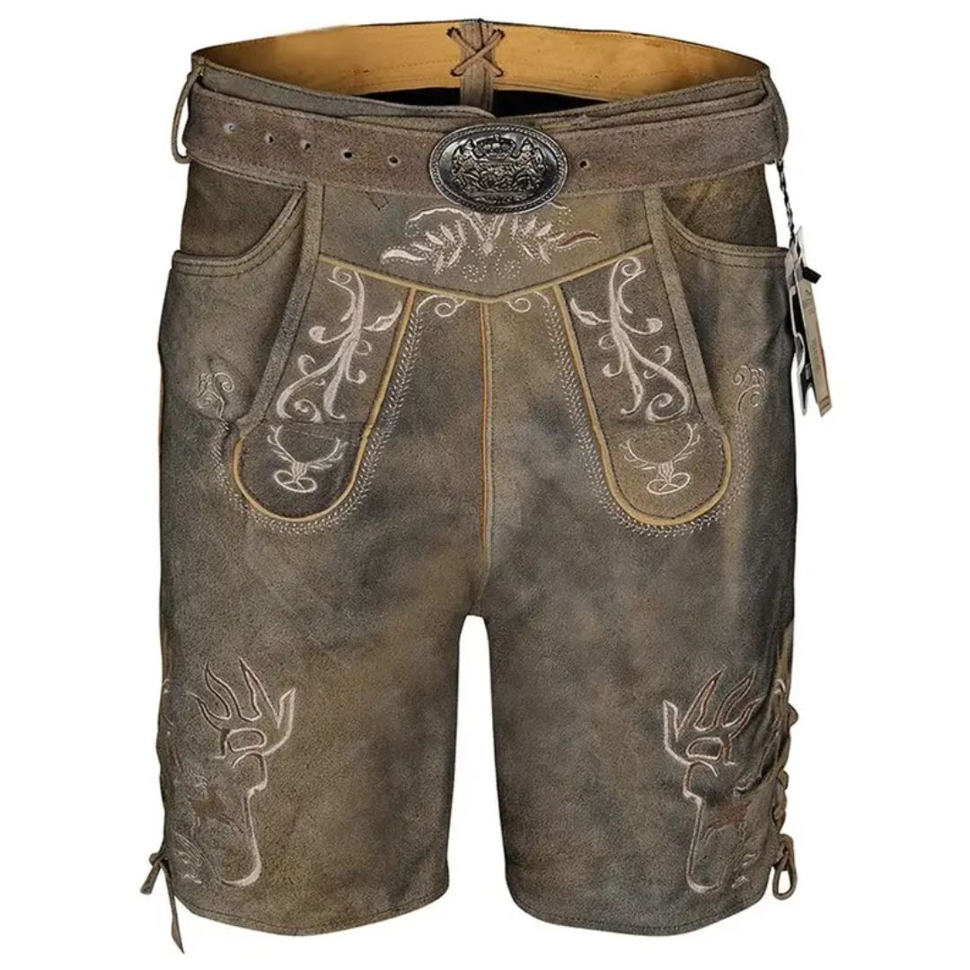 Braune Lederhose mit Stickerei, traditionell, Trachtenmode, Herrenbekleidung, Oktoberfest.