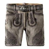 Graue Lederhose mit Stickerei, traditionell, Herrenmode, Trachten, Oktoberfest, Gürtel.