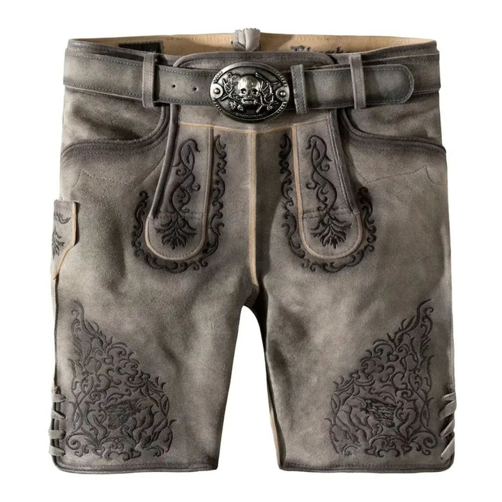 Graue Lederhose mit Stickerei, traditionell, Herrenmode, Trachten, Oktoberfest, Gürtel.