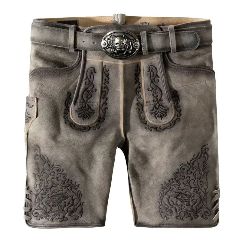 Graue Lederhose mit Stickerei, traditionell, Herrenmode, Trachten, Oktoberfest, Gürtel.
