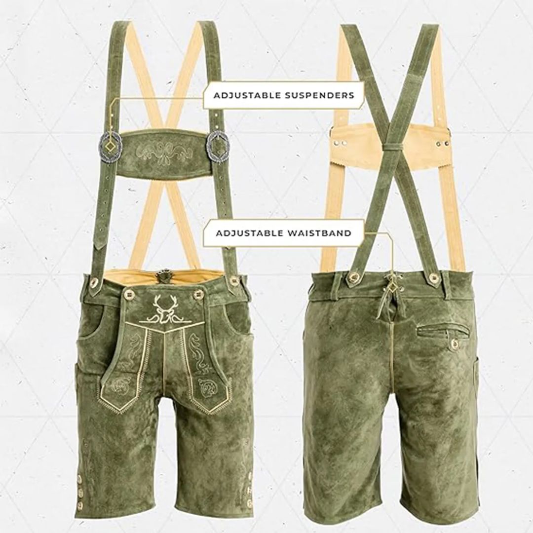Grüne Lederhose mit verstellbaren Hosenträgern und Bund, traditionell, Herrenmode.