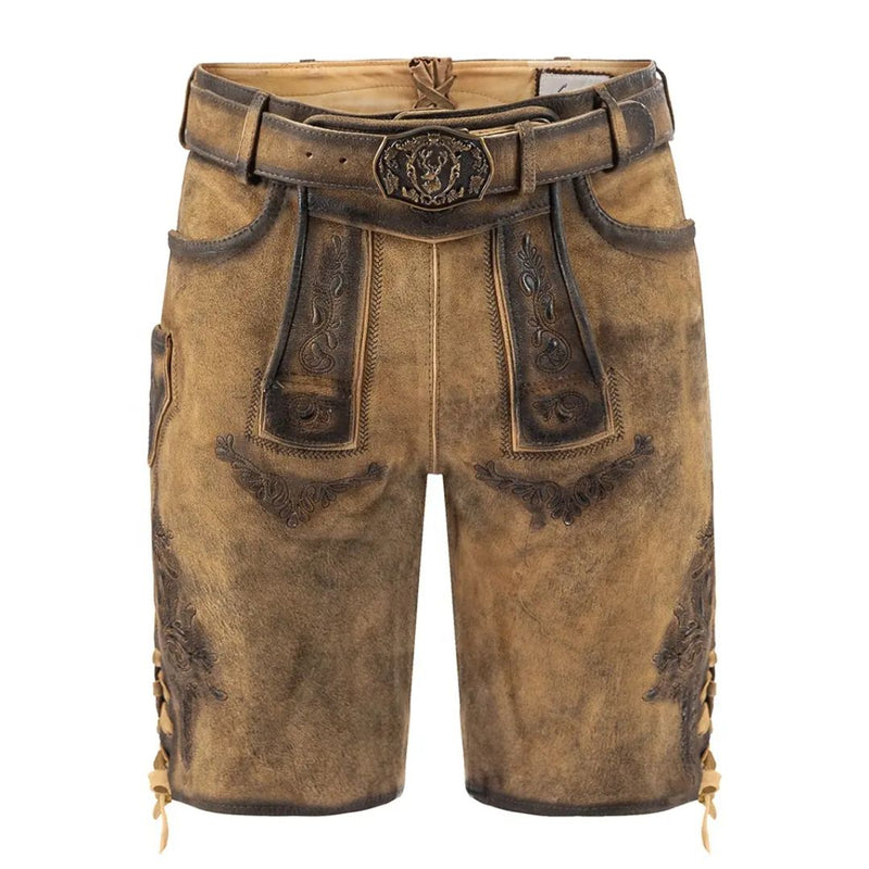 Braune Lederhose für Herren, traditionell, mit Gürtel, Stickerei, Trachtenmode.
