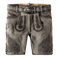 Graue Lederhose mit Stickerei, traditionell, Herrenmode, Trachten, Oktoberfest, Gürtel mit Schnalle.