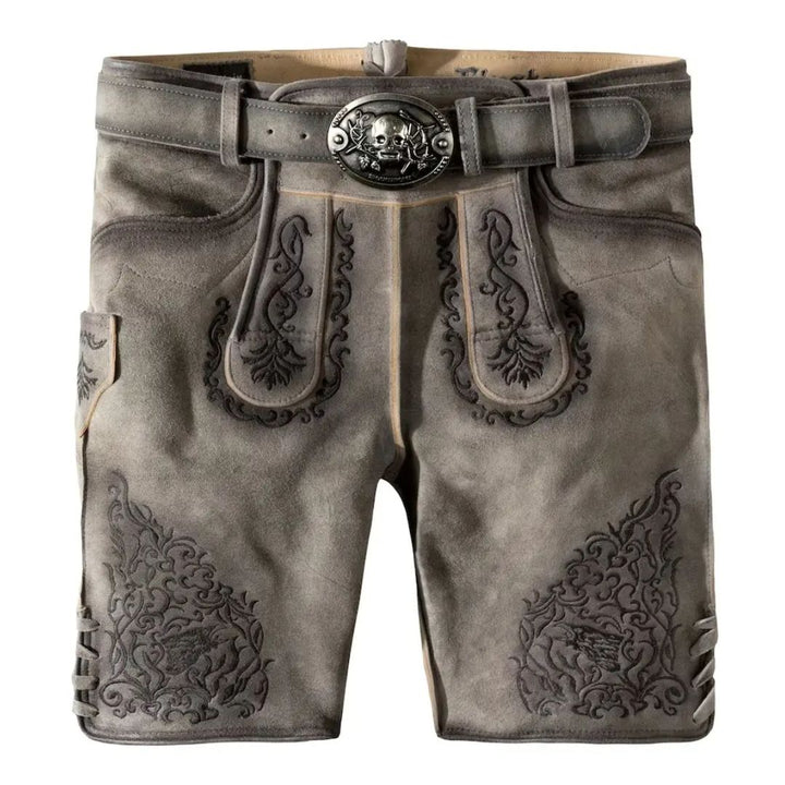 Graue Lederhose mit Stickerei, traditionell, Herrenmode, Trachten, Oktoberfest, Gürtel mit Schnalle.