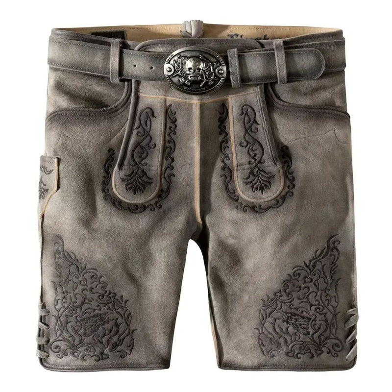 Graue Lederhose mit Stickerei, traditionell, Herrenmode, Trachten, Oktoberfest, Gürtel mit Schnalle.