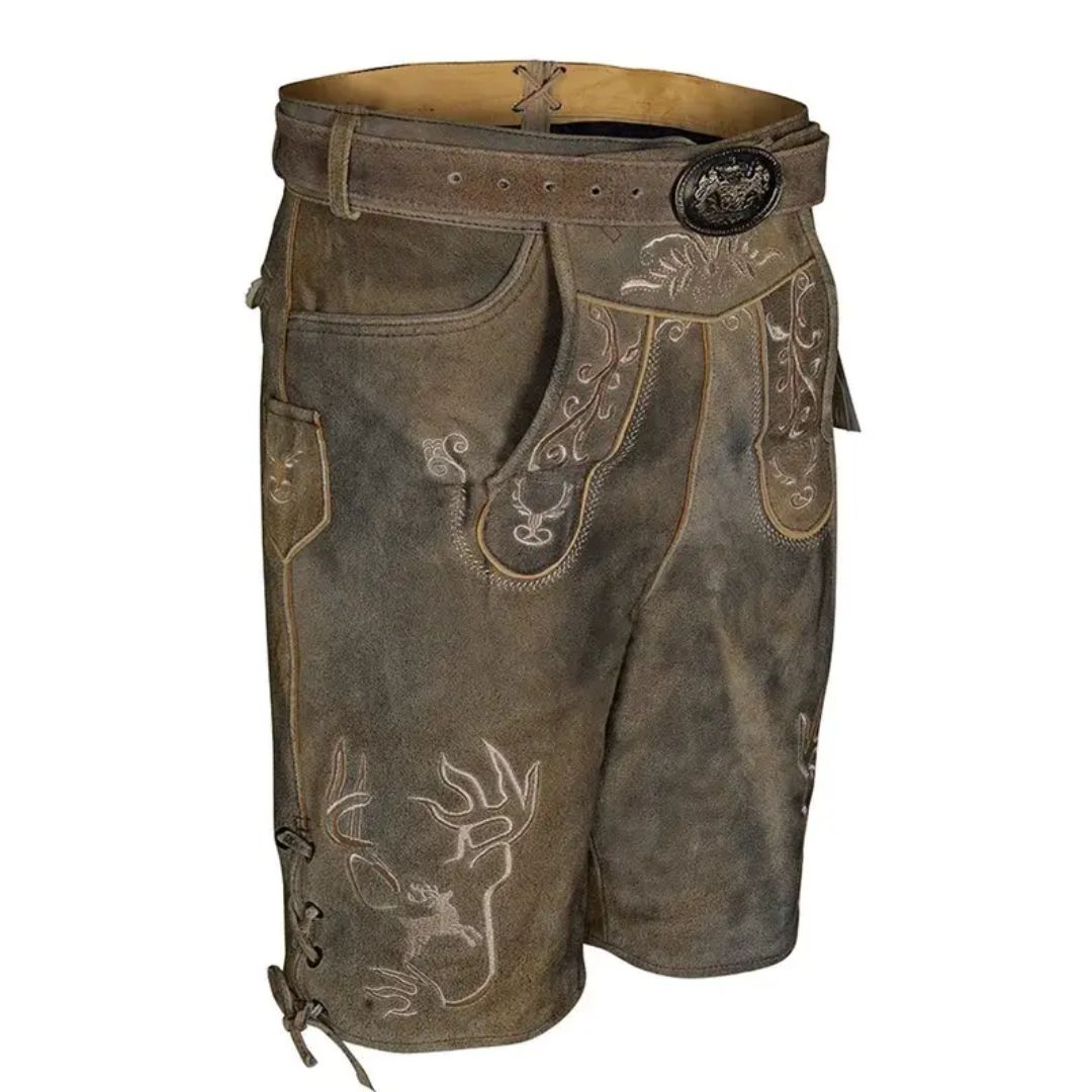 Braune Lederhose mit Stickerei, traditionell, Trachtenmode, Herrenbekleidung, Oktoberfest.