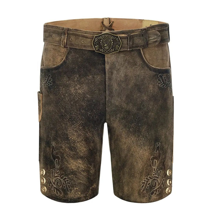 Braune Lederhose für Herren, traditionell, mit Stickerei und Gürtel, Oktoberfestmode.