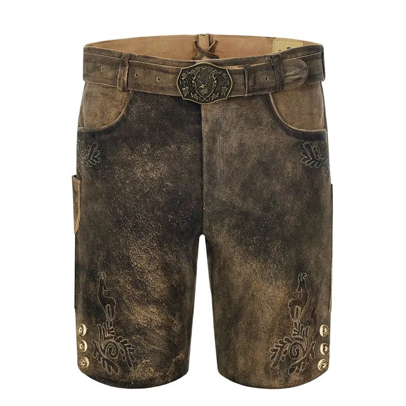 Braune Lederhose für Herren, traditionell, mit Stickerei und Gürtel, Oktoberfestmode.