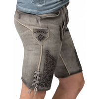 Graue Lederhose für Herren, traditionelles Design, Stickerei, Kniebund, Trachtenmode.