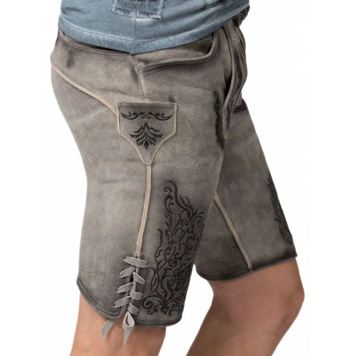 Graue Lederhose für Herren, traditionelles Design, Stickerei, Kniebund, Trachtenmode.
