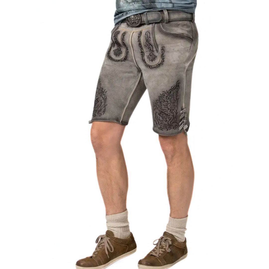 Graue Lederhose für Herren, traditionell, bestickt, Kniebund, bayerische Tracht, Oktoberfest.