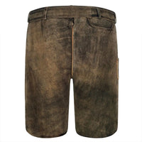 Braune Lederhose für Herren, traditionell, Kniebund, Trachtenmode, Oktoberfest, rustikal.
