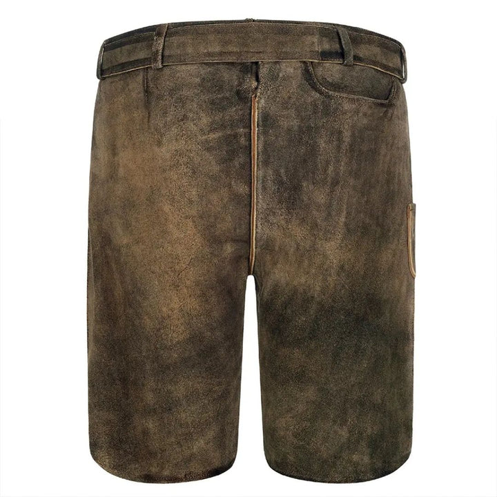 Braune Lederhose für Herren, traditionell, Kniebund, Trachtenmode, Oktoberfest, rustikal.