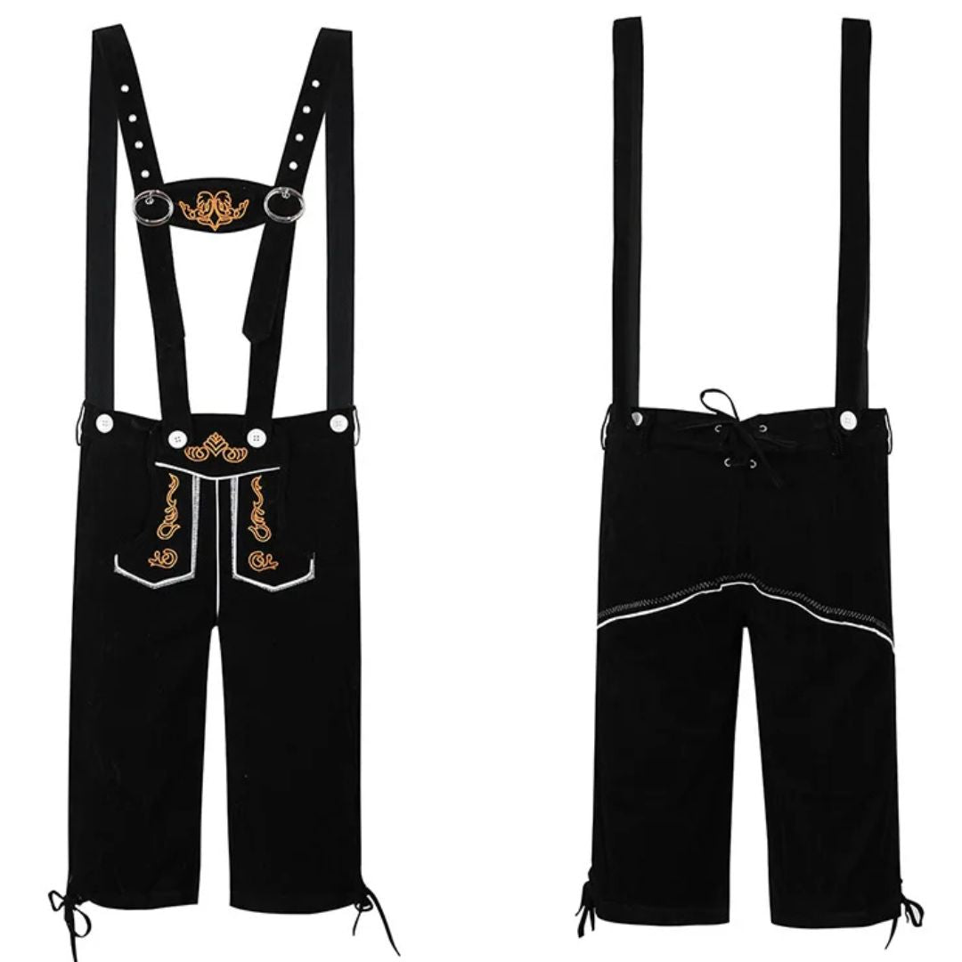 Schwarze Lederhose mit Hosenträgern, Stickerei, traditionell, Trachtenmode, Herrenbekleidung.