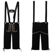 Schwarze Lederhose mit Hosenträgern, Stickerei, traditionell, Trachtenmode, Herrenbekleidung.