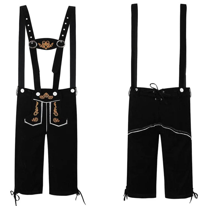 Schwarze Lederhose mit Hosenträgern, Stickerei, traditionell, Trachtenmode, Herrenbekleidung.