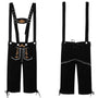 Schwarze Lederhose mit Hosenträgern, Stickerei, traditionell, Trachtenmode, Herrenbekleidung.