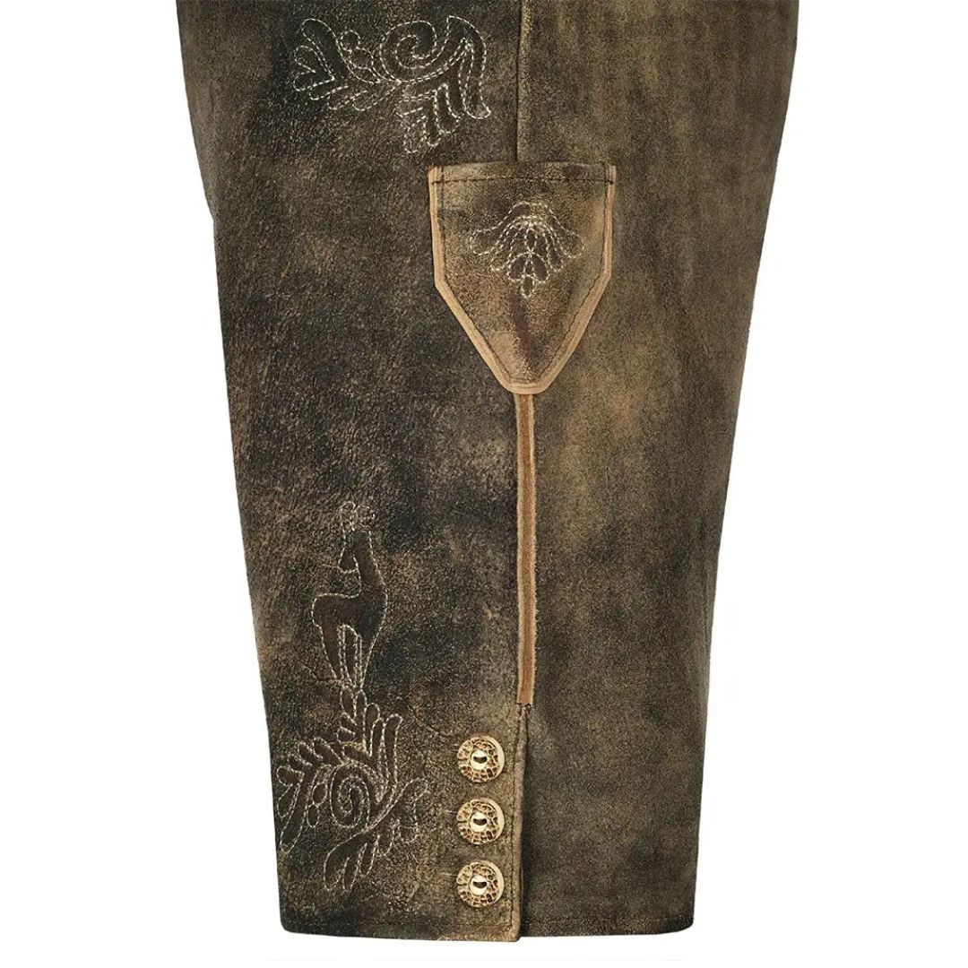 Braune Lederhose mit Stickerei, traditionell, Trachtenmode, Knöpfe, Herrenbekleidung, Oktoberfest.
