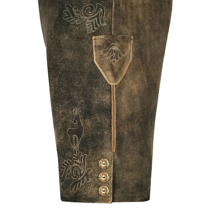 Braune Lederhose mit Stickerei, traditionell, Trachtenmode, Knöpfe, Herrenbekleidung, Oktoberfest.