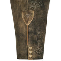 Braune Lederhose mit Stickerei, traditionelle Trachtenmode, Knöpfe, Herrenbekleidung.