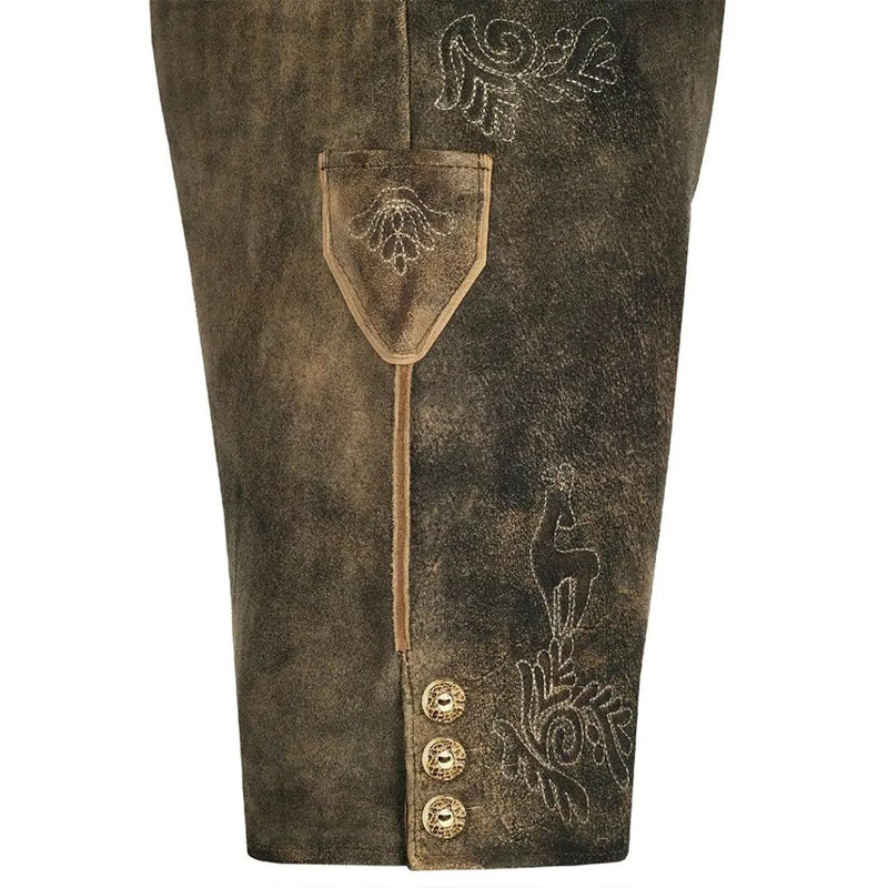 Braune Lederhose mit Stickerei, traditionelle Trachtenmode, Knöpfe, Herrenbekleidung.