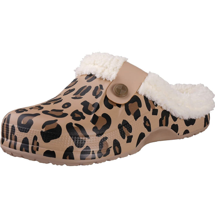Leopardenmuster Clog mit Fellfutter, beige, rutschfest, bequem, modisch, Damen Hausschuh.