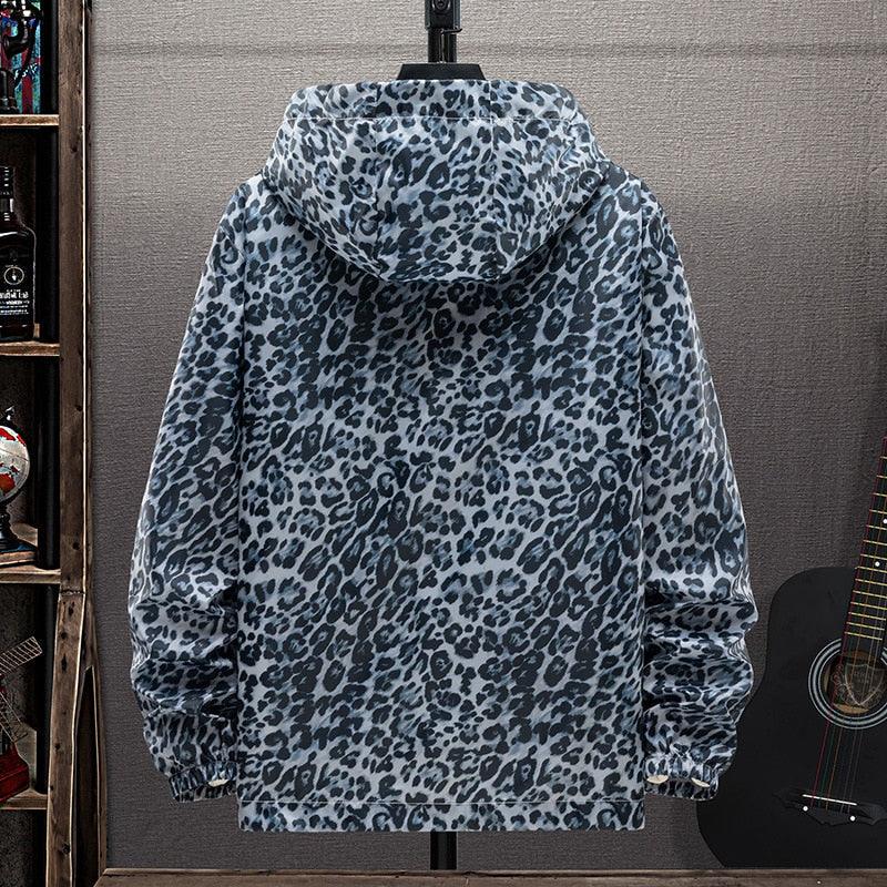 Grauer Leopardenmuster-Hoodie, Unisex, Baumwolle, modisch, lässig, Kapuze, langärmelig.