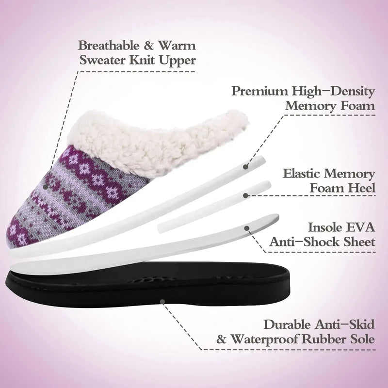 Damen Hausschuhe, lila Strick, Memory Foam, rutschfeste Gummisohle, warm und bequem.