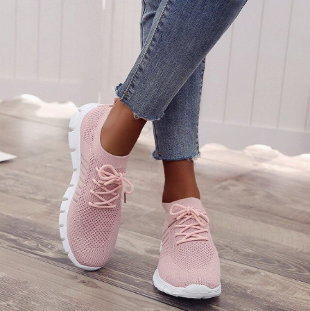 Damen Sneaker rosa, atmungsaktiv, Strickmaterial, Freizeit, bequem, modisch, Jeans.