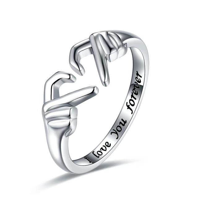 Silberner Paar-Ring mit Handmotiv, Gravur "I love you forever", ideal für Hochzeit, Valentinstag.