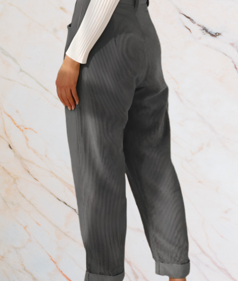 Damenhose grau gestreift, elegant, Anzugstoff, Büro-Outfit, modisch, knöchellang