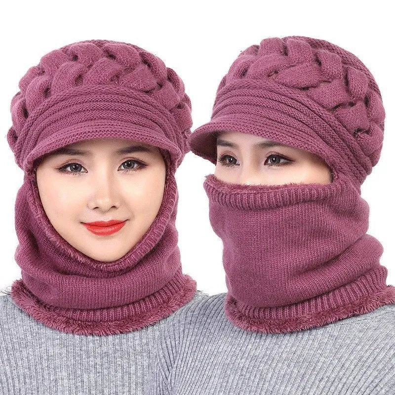 Damen Wintermütze Set, rosa, gestrickt, warm, modisch, mit Schal, für kaltes Wetter.