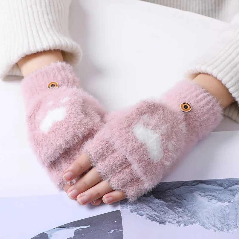 Damen Fingerlose Handschuhe Rosa Plüsch Warm Wintermode Accessoire Flauschig