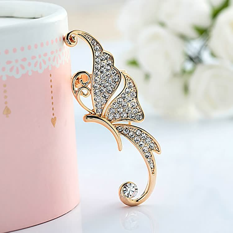 Goldener Schmetterling Ohrclip mit Strasssteinen, eleganter Modeschmuck, Geschenkidee.