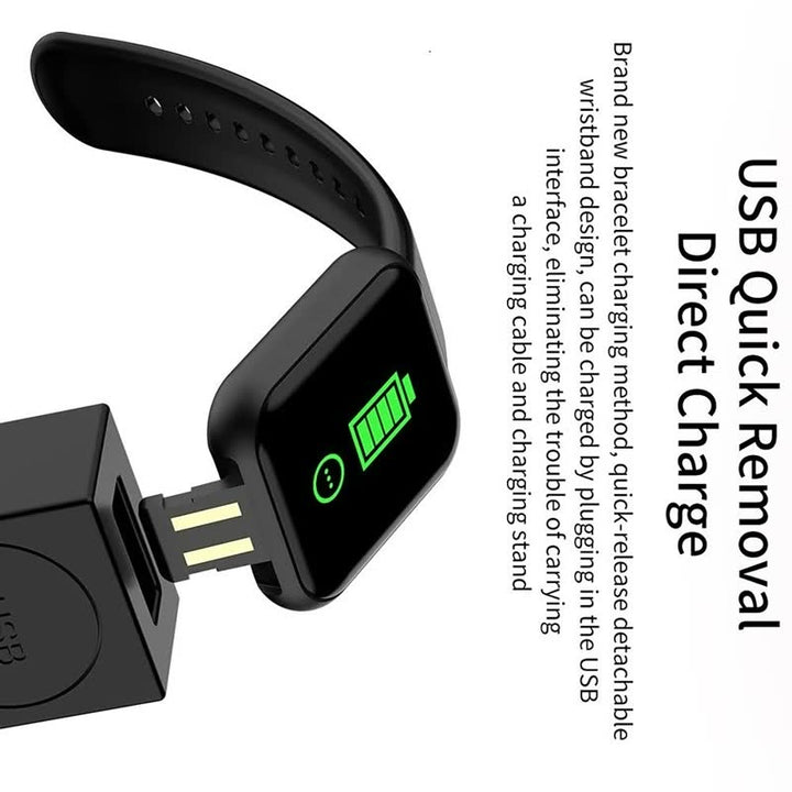 Schwarze Smartwatch mit USB-Ladefunktion, abnehmbares Armband, grünes Akkusymbol.