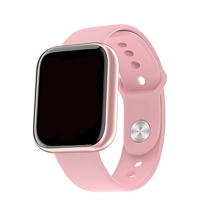 Rosa Smartwatch mit quadratischem Display und Silikonarmband, modisches Wearable Gadget.