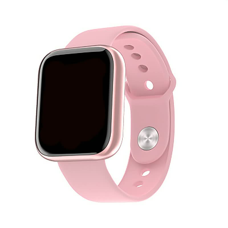 Rosa Smartwatch mit quadratischem Display und Silikonarmband, modisches Wearable Gadget.
