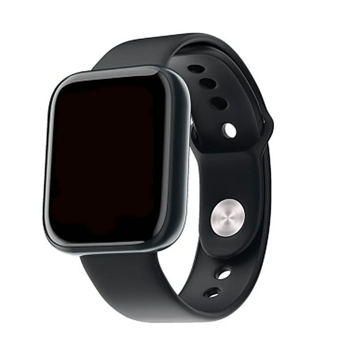 Schwarze Smartwatch mit quadratischem Display und Silikonarmband, Fitness-Tracker, modern.