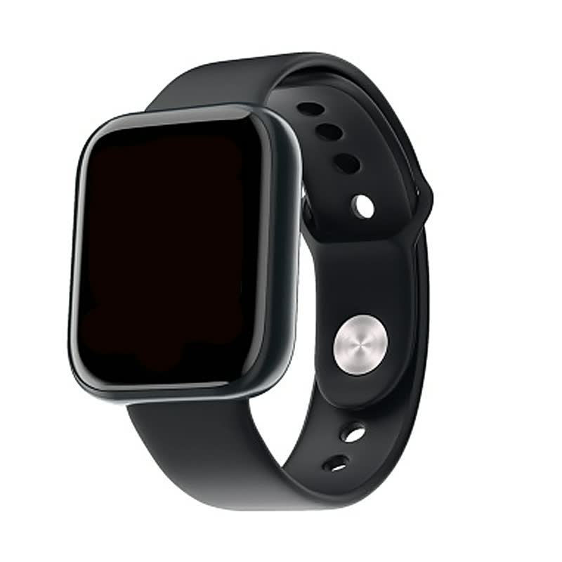Schwarze Smartwatch mit quadratischem Display und Silikonarmband, Fitness-Tracker, modern.