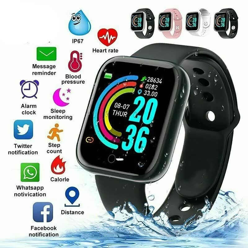 Schwarze Smartwatch mit Fitness-Tracking, Herzfrequenzmesser, wasserdicht, IP67-zertifiziert.