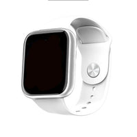 Weiße Smartwatch mit quadratischem Display und Silikonarmband, moderne Technologie, Fitness-Tracker.