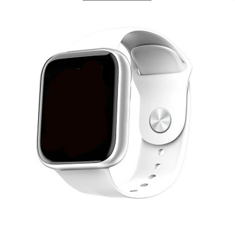 Weiße Smartwatch mit quadratischem Display und Silikonarmband, moderne Technologie, Fitness-Tracker.