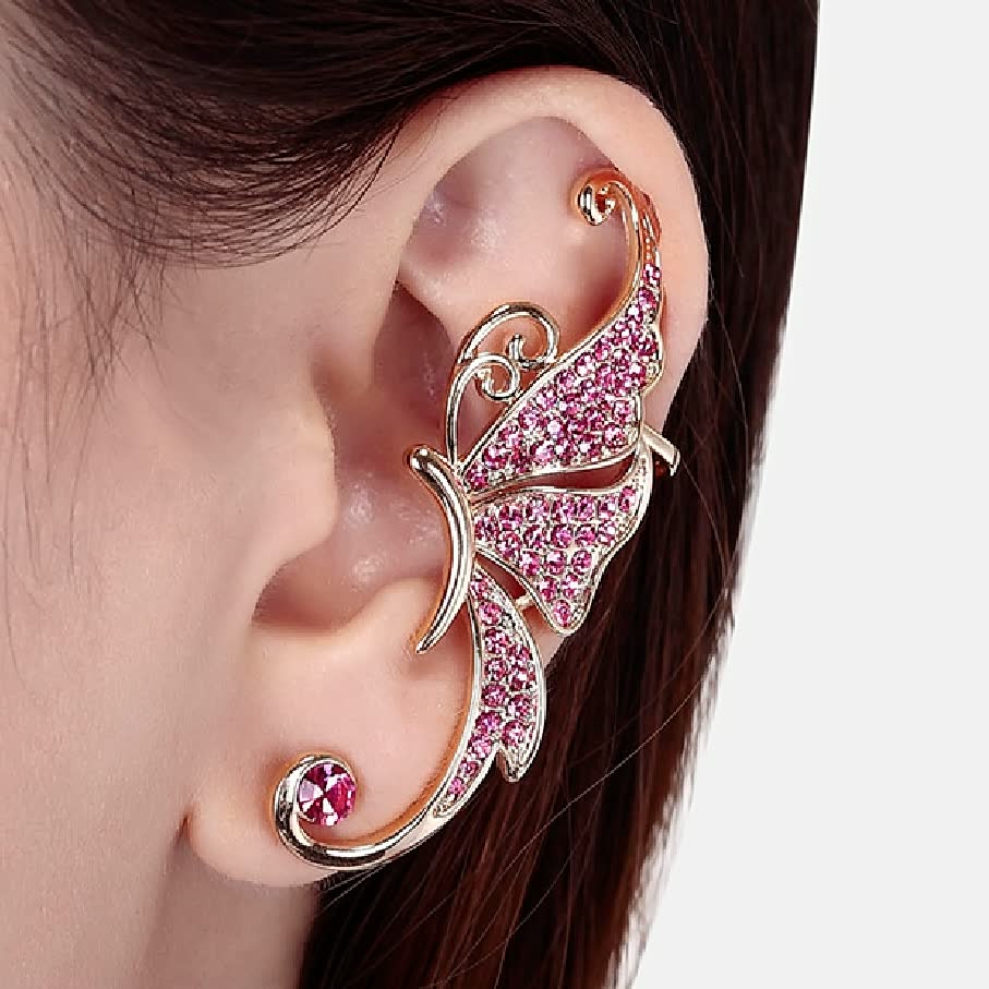 Ohrring in Schmetterlingsform, rosa Kristalle, Ohrmanschette, modisches Accessoire, Damenmode