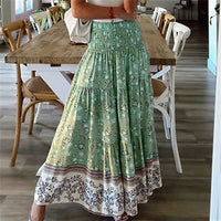 Grüner Maxirock mit Blumenmuster, Damenmode, Sommerkleidung, Boho-Stil, Baumwolle.