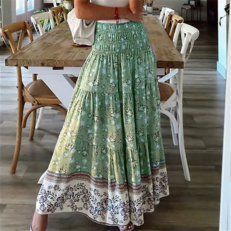 Grüner Maxirock mit Blumenmuster, Damenmode, Sommerkleidung, Boho-Stil, Baumwolle.